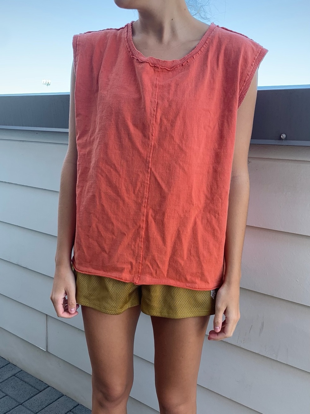 Free People Solid Washed Orange Sleeveless Crewneck Cotton Athleisure Muscle Tee